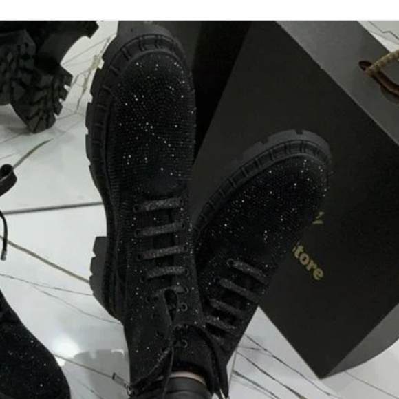 Black Glitter Combat Boots - Picture 3 of 7